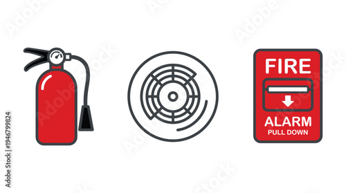 A vector set of fire safety equipment icons, including a fire extinguisher, smoke detector, and alarm. Essential for emergency prevention, evacuation plans, and safety instructions.