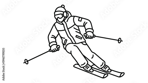 Minimalist line art icon of an active skier in motion. This vector graphic is perfect for winter sports, travel, and recreation themes. Simple, clean, modern design.