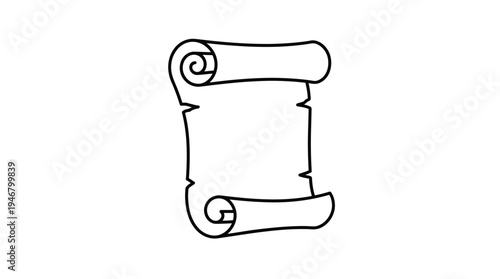 A simple black outline vector icon depicting an old, blank parchment scroll with rolled ends and jagged edges. Ideal for vintage designs, ancient messages, or certificate backgrounds.