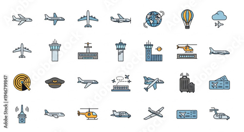 Collection of Airport and Aviation Icons in Vector Format.