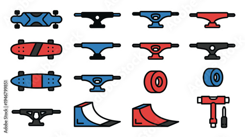 A vibrant collection of skateboarding and longboarding flat vector icons including boards, trucks, wheels, ramps, and tools. Ideal for sports and youth culture designs.