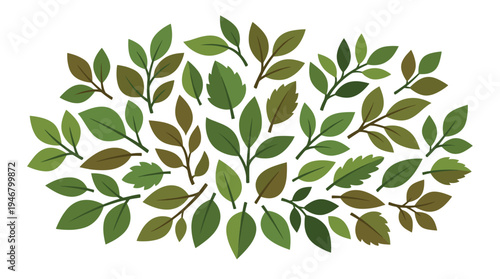 Flat design vector illustration featuring an assortment of vibrant green leaves and branches. Creates a fresh, natural, organic feel, perfect for eco-friendly branding, spring themes, digital projects