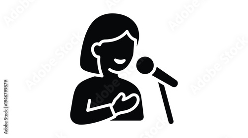 Black vector icon of a person speaking into a microphone with hand on chest, symbolizing public speaking, performance, communication, or heartfelt expression. Ideal for web/app design.