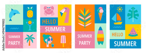 Set of four modern geometric summer posters with dolphins, tropical fruits, cocktails, leaves, sailboats, and Hello Summer Party text in bright blocks of color