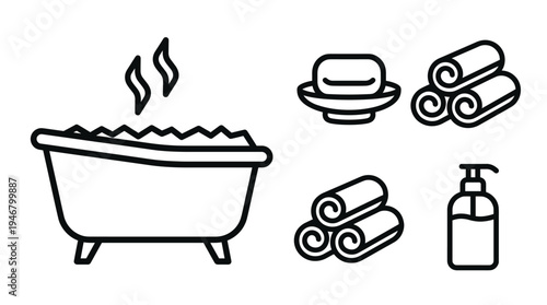 A collection of bathroom and spa line icons. Includes a hot bath, soap, towels, and dispenser. Perfect for wellness, hygiene, and relaxation design projects. Vector graphic set.