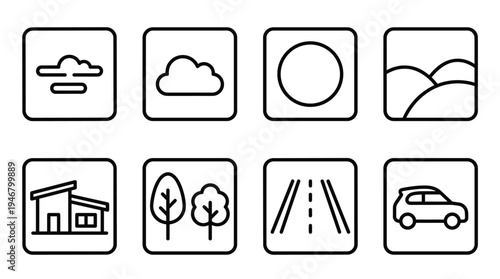 A set of eight minimalist line icons related to travel, nature, and transport. Perfect for web design, UI, apps, and infographics. Vector illustration for modern projects.