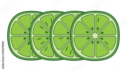 A vibrant vector illustration of four fresh green lime slices. Perfect for food, drink, health, and summer-themed designs, menus, or cocktail recipes. Fresh and zesty concept.