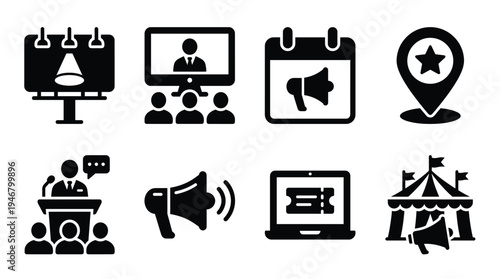 Modern vector icon set for event marketing, public speaking, and digital promotion. Ideal for websites, presentations, and applications emphasizing communication and engagement.