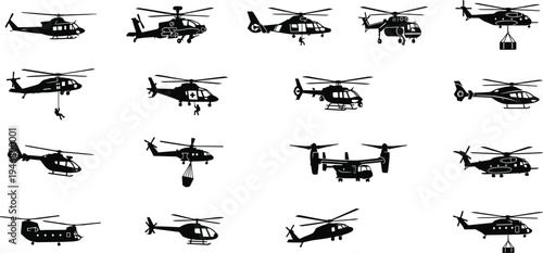 Professional Helicopter Icon Set Featuring Military Choppers Rescue Aircraft Cargo Helicopters and Vertical Lift Aviation Silhouettes