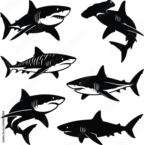 Seven black and white shark silhouettes in different poses ocean marine life de