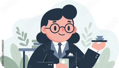 Cheerful professional in suit, holding device, with tea set and books