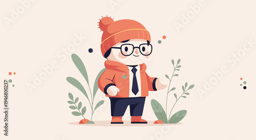 A stylized cartoon figure wearing a beanie and coat stands amidst abstract flora, looking at the viewer