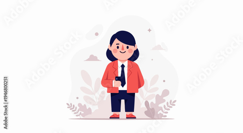 A smiling woman in a red blazer and dark pants holds a phone