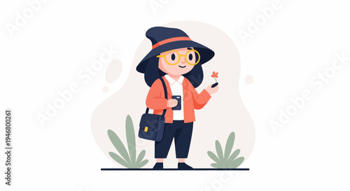 A person wearing a hat and glasses, holding a flower and a phone