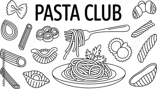 Set of various pasta shapes and spaghetti dish line art vector for Italian restaurant menu decoration