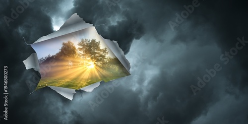 Change concept, turning pollution page revealing nature landscape, changing reality, hope inspiration to environmental protection and environmental campaign