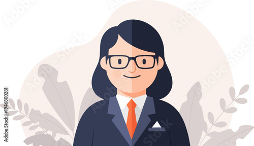 Professional illustration of a person in a suit with glasses and a tie, surrounded by decorative leaves