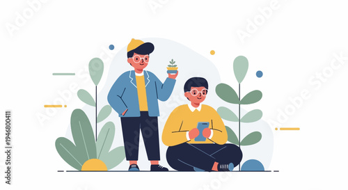 Two stylish people with plants and technology