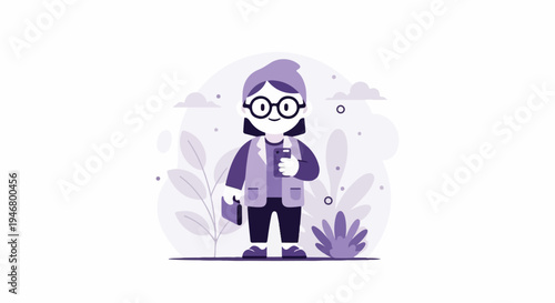 A stylized character with glasses, hat, and vest, holding a phone and book amidst plants and clouds
