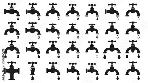 Set of various modern and retro water faucet and tap icons, emphasizing plumbing and water conservation.