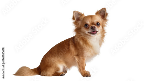 Isolated adorable long-haired chihuahua dog sitting and smiling, a happy domestic pet