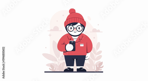 Cheerful person in red hat and jacket, holding a smartphone, with soft background elements