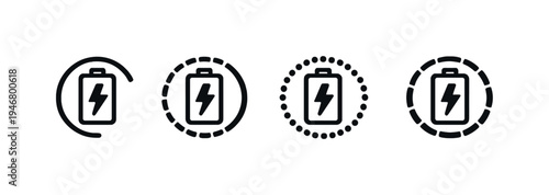 Minimal battery charging status icons showing different progress rings on a gray gradient background, symbolizing power, energy level, and recharge indicators