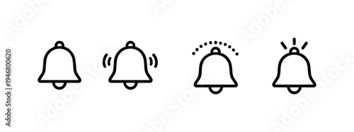 Minimal black notification bell icons showing alert states, vibration and ringing symbols in a row on a soft gray background, UI reminder concept