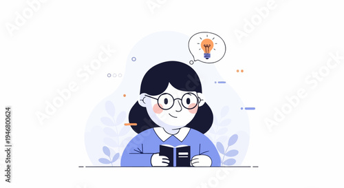 A girl with glasses reads a book, a light bulb symbolizing an idea appears above her head