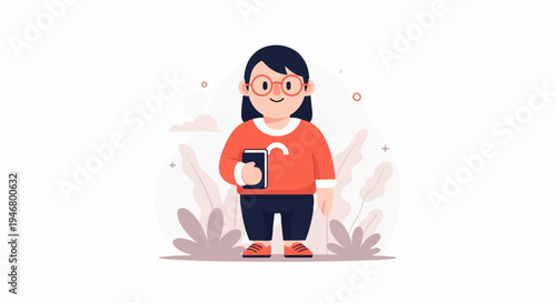 Animated girl with glasses and book, standing amidst abstract flora