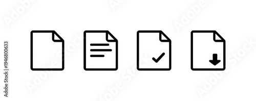 Minimal black document icons for file, text, approved checklist, and download on a soft gray background, representing digital paperwork workflow