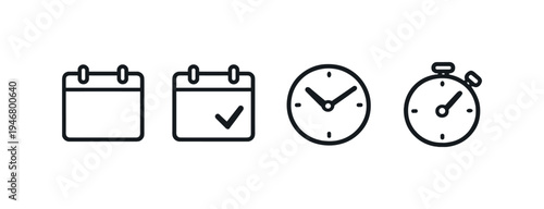 Minimal black line icons on dark background showing calendar, confirmed schedule, analog clock, and stopwatch for time planning and productivity concept