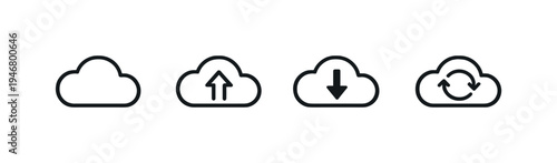 Minimal cloud storage interface icons showing cloud, upload, download, and sync symbols on a grey background for data transfer and backup concepts