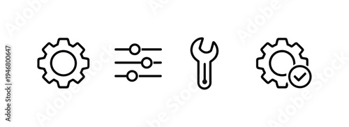 Minimal black line icons showing settings gear, adjustment sliders, wrench tool, and interlocking cogwheels on a dark gradient background