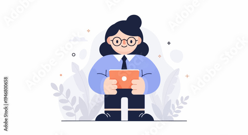 Character with glasses and dark hair holds a tablet, surrounded by minimalist foliage and shapes