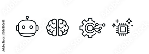 Minimal line icons of robot head, brain, gear circuitry, and microchip on gray gradient background, representing artificial intelligence and automation technology