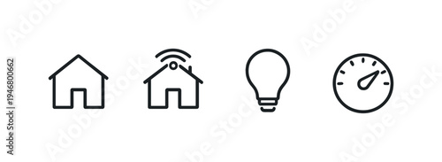 Minimal black line icons showing home, connected smart home signal, lightbulb idea, and speedometer gauge on a gray wall background in clean modern style