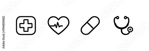 Minimal black line healthcare icons on a dark blurred background featuring first aid, heart rate, capsule medicine, and stethoscope symbols