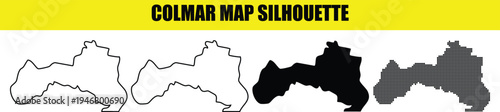 Colmar map silhouette set with diverse graphic styles including solid black shape and digital halftone patterns