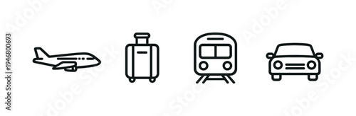 Minimal black transportation icons set showing airplane, rolling suitcase, train front, and car silhouette on a dark gray background for travel concepts