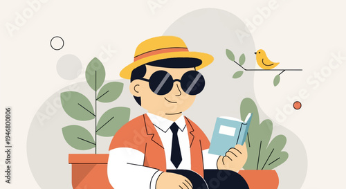 Animated man wearing a hat and sunglasses, reading a book, with plants and a bird