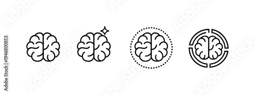 Minimal line icons showing brain and cognitive process stages on a gray gradient background, symbolizing neuroscience, thinking, learning, and analysis
