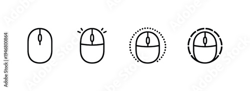 Minimal black computer mouse icons showing click states and selection highlights on a gray background, representing user interface interaction controls