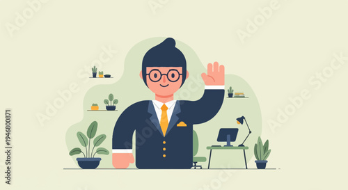Cheerful businessman in a suit waves hello from his office desk adorned with plants
