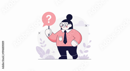 Cartoon character in business attire holds a sign with a question mark, seeking answers