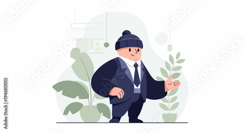A cartoon figure in a suit and beanie stands indoors with houseplants