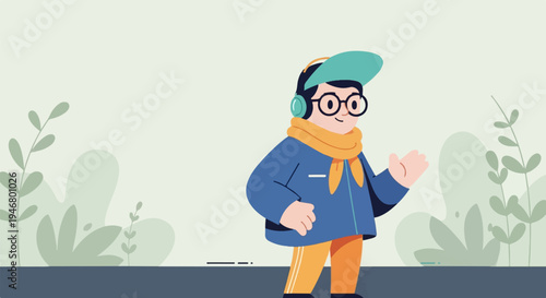 Cheerful character in hat and scarf with headphones, waving hand amidst greenery