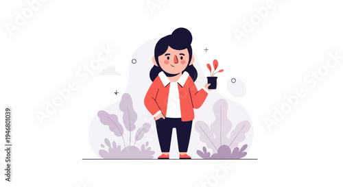 Cartoonish woman in an orange jacket holding a potted plant amidst abstract foliage