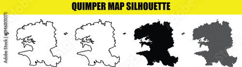Quimper map silhouette set displaying various artistic interpretations including solid shapes and pixelated dots