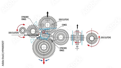 Mechanical Gears Diagram with Labels and Arrows.